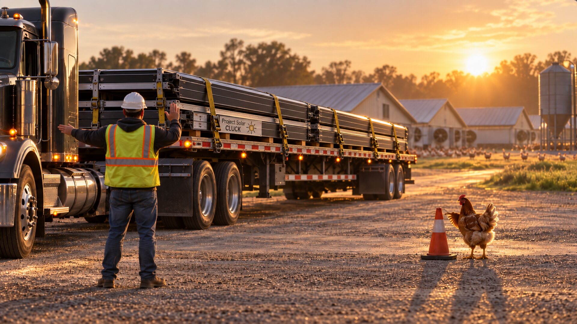 A flatbed truck loaded with factory-built Project Solar CLUCK solar cassettes arriving at a Delmarva poultry farm at sunset while a worker directs it in — and a chicken looks on.