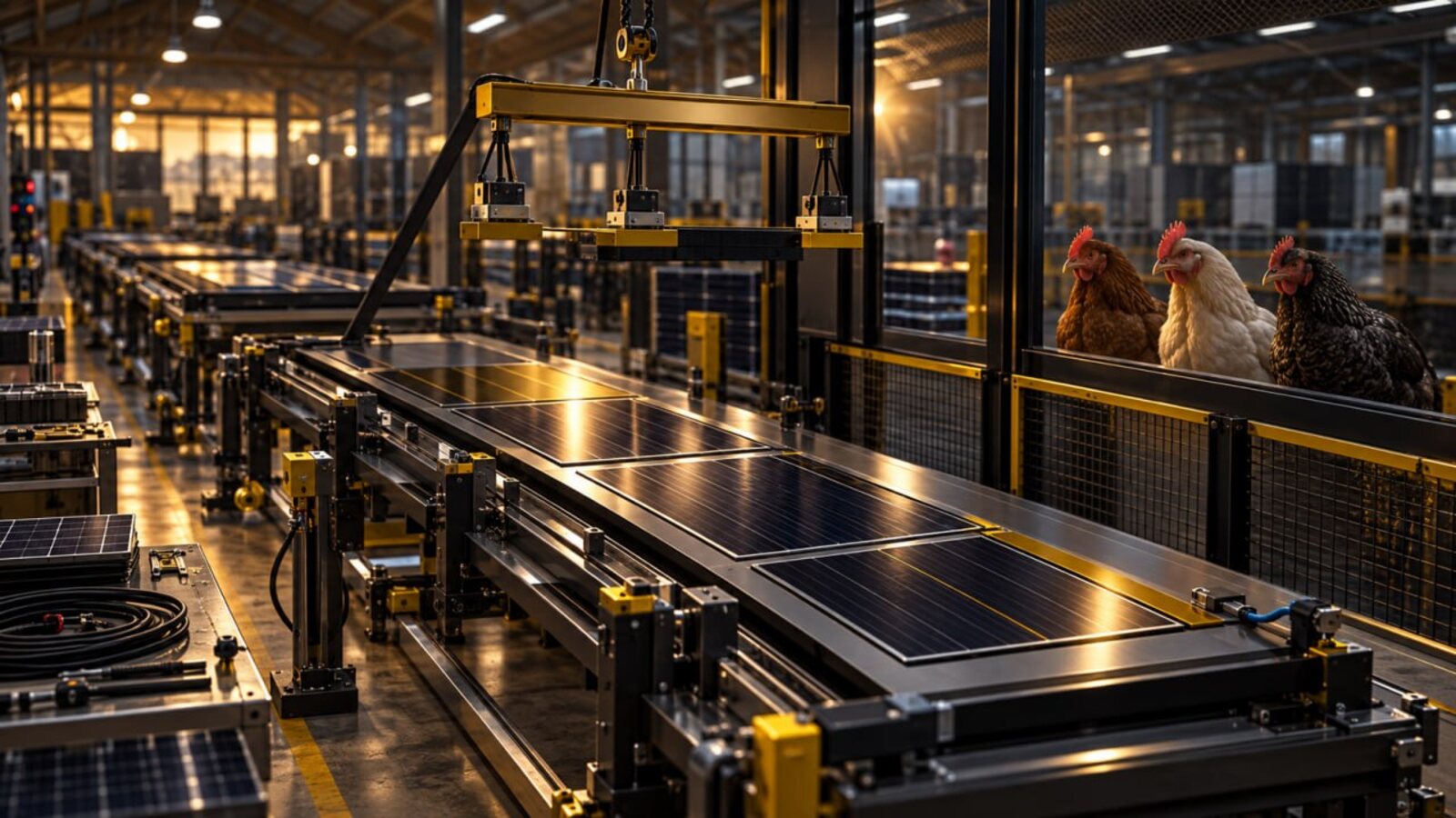 Inside the CLUCK cassette factory — a gantry with a spreader bar lifts a preassembled solar module block off an automated assembly line of PV panels, with three chickens watching through the safety mesh.