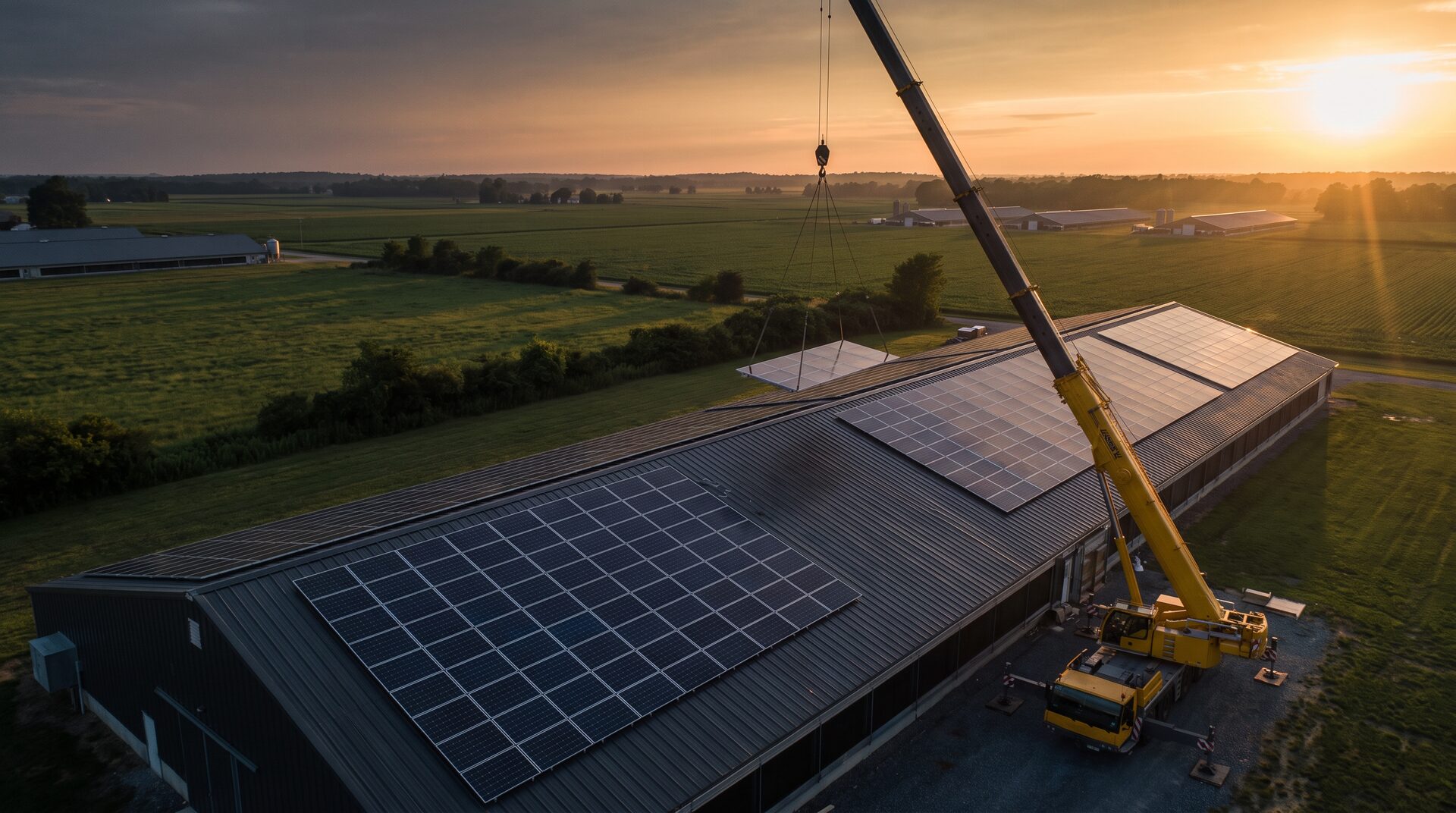 Golden-hour aerial of a long Delmarva poultry house with a standing-seam metal roof covered in solar modules, while a yellow mobile crane sets a factory-built solar cassette over the ridge with green farm fields behind.