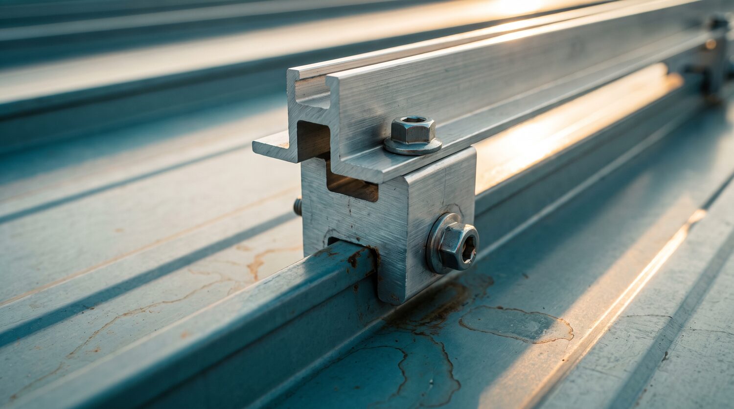 Macro close-up of a machined aluminum seam clamp gripping a raised standing-seam rib on a metal roof, mounting a solar rail with a hex bolt — no holes drilled through the roof.